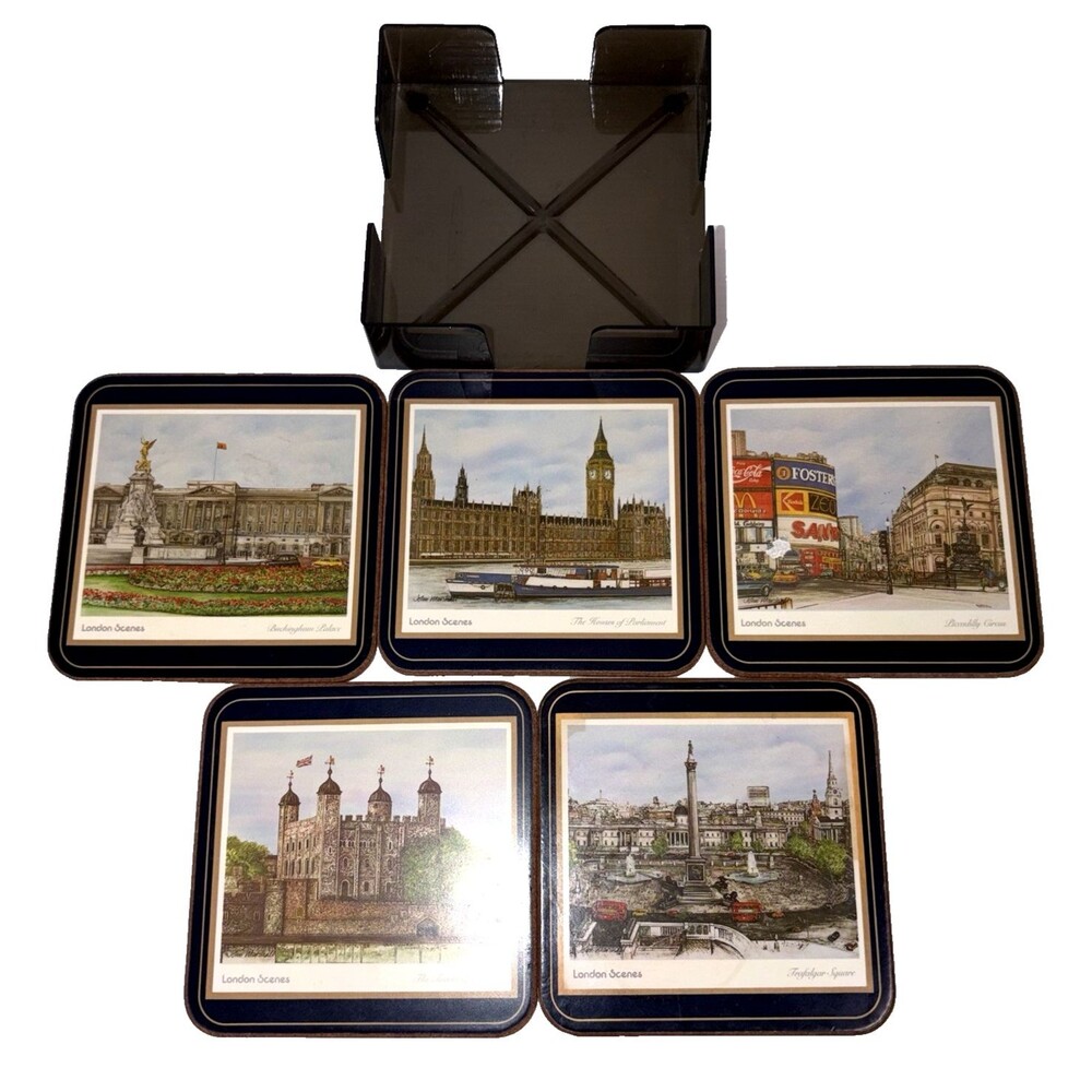Vintage Pimpernel London Scenes Cork Back Coasters Set of 5 England Holder
